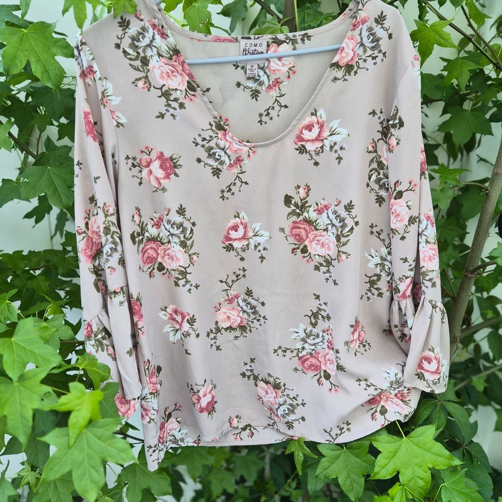 Como Vintage Floral V-Neck Mauve Pink Rose Bell Sleeve M Grandmancore Boho